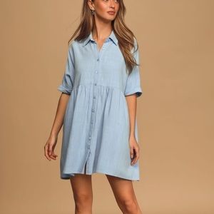 Lulu's • Dearest Love Light Blue Short Sleeve Button-Up Babydoll Dress